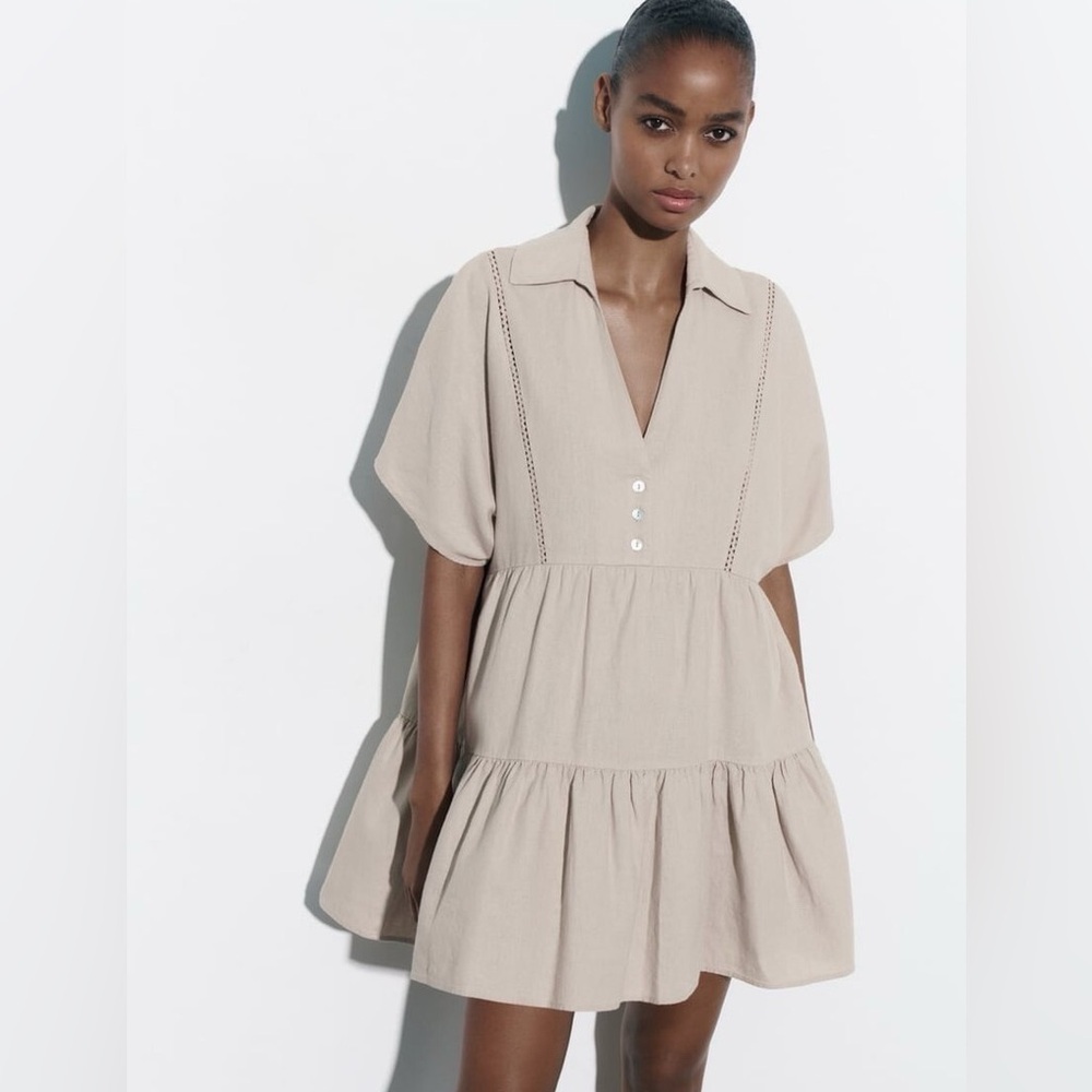 Zara Lace Trim Linin Blend Mini Dress Sand; Size: XS